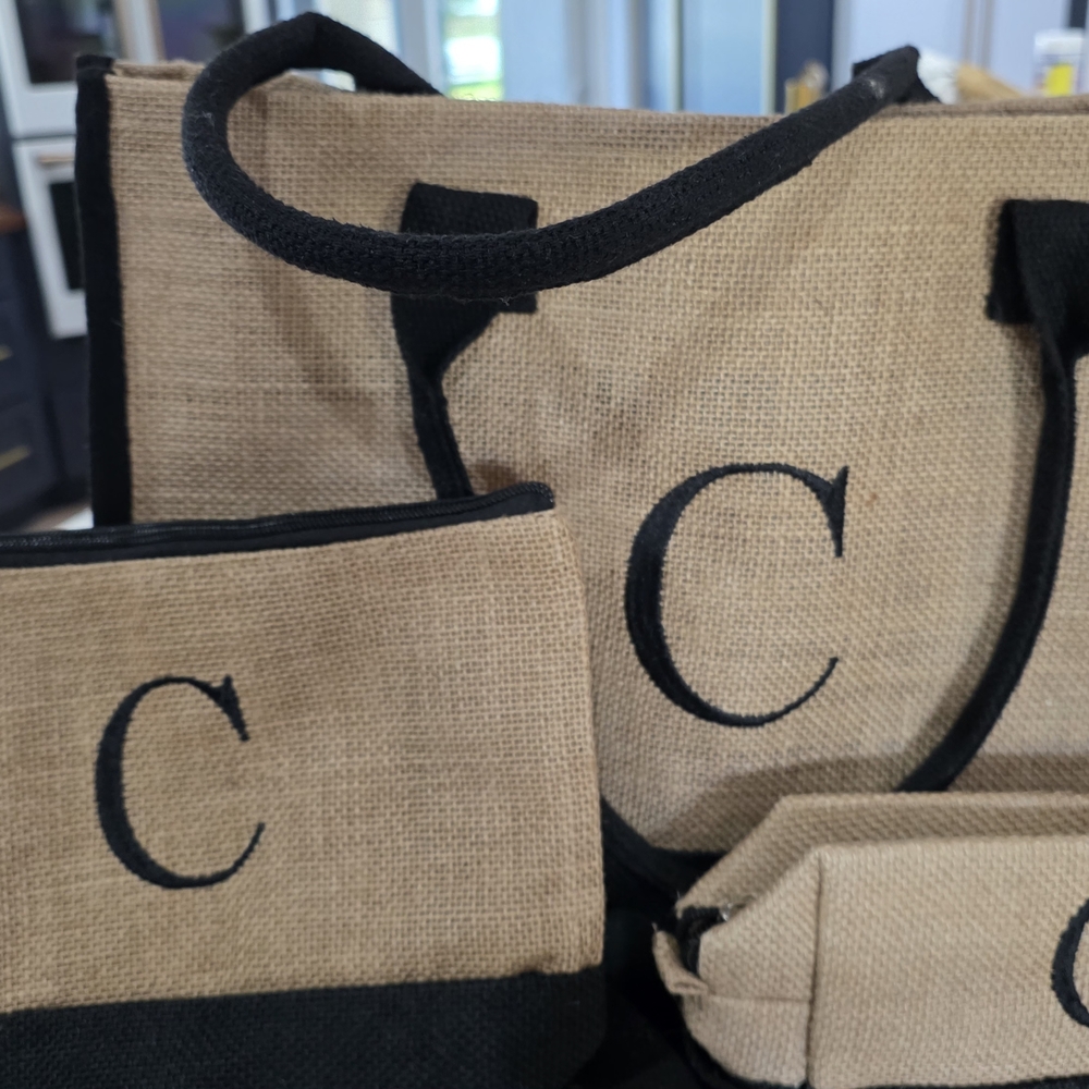Tan and Black Monogrammed Tote Set